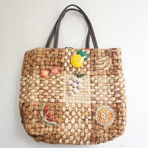 VTG Woven Raffia Straw Tote Bag Fruit Applique Gingham Lined Unique Fruit Beach - Picture 1 of 8